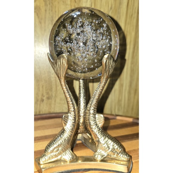 Vintage 4" Crystal Ball  with Dolphin Brass Stand 5.25" Orb Stunning Heavy - Picture 11 of 15